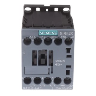 Siemens 3RT2 Contactor, 230V ac Coil, 3-Pole, 9A, 4kW Power Rating, 3 NO Auxiliary Contacts, Motor Control 3RT2016-1AP01