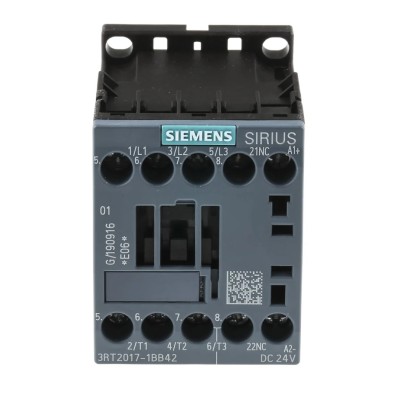 Siemens SIRIUS 3RT2 Motor Control Contactor, 24V dc Coil, 3-Pole, 12A, 5.5 kW Power Rating, 400V ac, Screw 3RT2017-1BB42