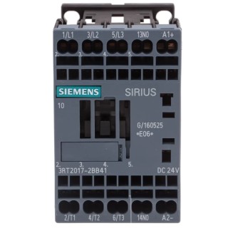 Siemens 3RT2 Motor Control Contactor, 24V dc Coil, 3-Pole, 12 A, 5.5 kW, 400V ac, 3 NO, DIN Rail Mount 3RT2017-2BB41