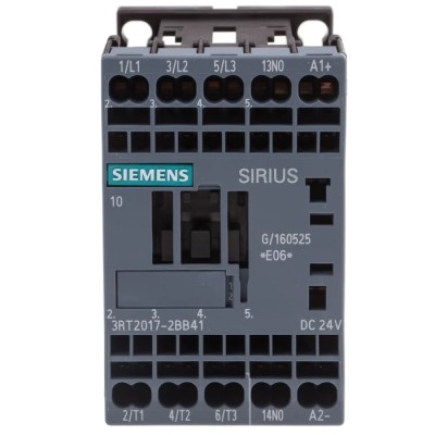Siemens 3RT2 Motor Control Contactor, 24V dc Coil, 3-Pole, 12 A, 5.5 kW, 400V ac, 3 NO, DIN Rail Mount 3RT2017-2BB41