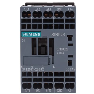 Siemens 3RT2 Motor Control Contactor 24V dc Coil, 3-Pole, 12 A, 5.5 kW, 3 NO, 400V ac 3RT2017-2BB42