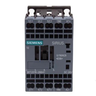 Siemens 3RT2 Contactor, 24V DC Coil, 3-Pole, 16A, 7.5 kW, 400V AC, DIN Rail Mount 3RT2018-2BB41