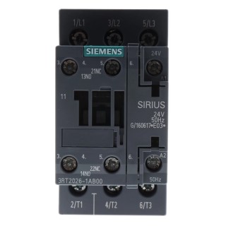 Siemens Contactor 3RT2 Series, 24V AC Coil, 3-Pole, 25 A, 11 kW, 3 NO, 400V AC 3RT2026-1AB00