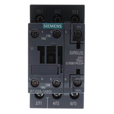 Siemens Contactor 3RT2 Series, 24V AC Coil, 3-Pole, 25 A, 11 kW, 3 NO, 400V AC 3RT2026-1AB00
