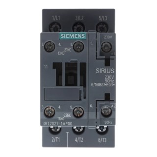 Siemens 3RT2 Contactor, 230V AC Coil, 3-Pole, 32A Contact Current, 15kW Power Rating, 3 NO, 400V AC Contacts 3RT2027-1AP00