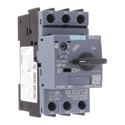 Siemens Motor Protection Circuit Breaker 900 mA, 1.25A, 690V, Magnetic Sensing, 3 Poles, IP20, -20°C to 60°C 3RV2011-0KA10
