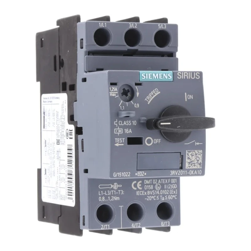 Siemens Motor Protection Circuit Breaker 900 mA, 1.25A, 690V, Magnetic Sensing, 3 Poles, IP20, -20°C to 60°C 3RV2011-0KA10