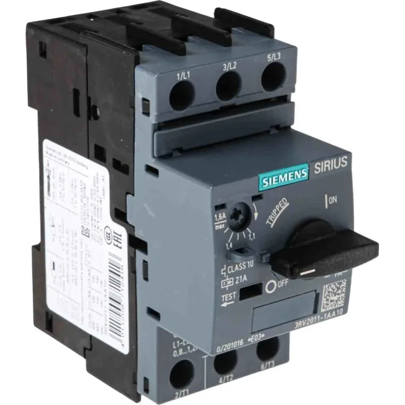 Siemens Motor Protection Circuit Breaker , 1.1A/1.6A Current Rating, 690V, Magnetic Sensing, 3 Poles, IP20 3RV2011-1AA10