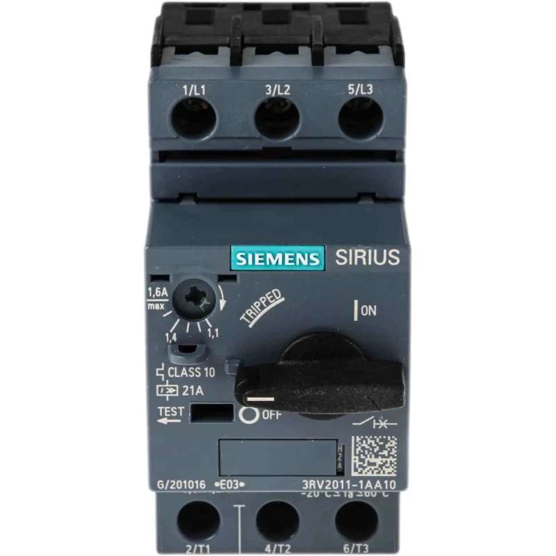 Siemens Motor Protection Circuit Breaker , 1.1A/1.6A Current Rating, 690V, Magnetic Sensing, 3 Poles, IP20 3RV2011-1AA10