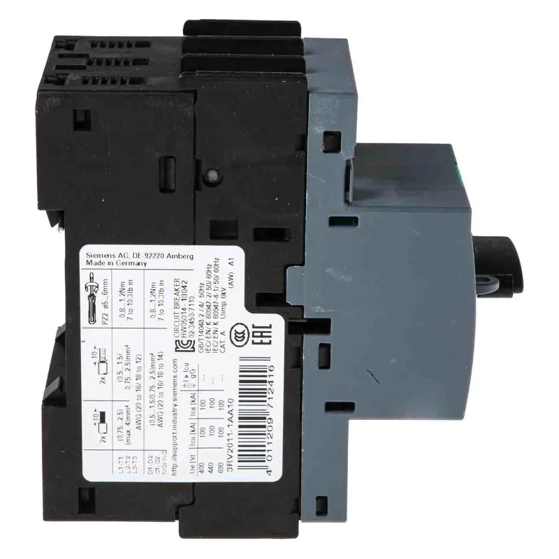 Siemens Motor Protection Circuit Breaker , 1.1A/1.6A Current Rating, 690V, Magnetic Sensing, 3 Poles, IP20 3RV2011-1AA10