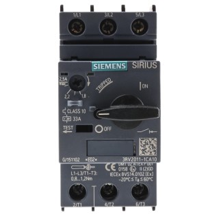 Siemens Motor Protection Circuit Breaker 1.8A, 2.5A, 690V, 3 Poles, IP20, Magnetic Sensing 3RV2011-1CA10