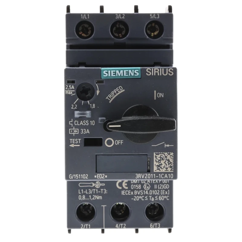 Siemens Motor Protection Circuit Breaker 1.8A, 2.5A, 690V, 3 Poles, IP20, Magnetic Sensing 3RV2011-1CA10