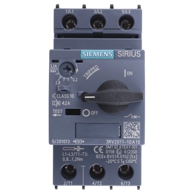 Siemens 3RV2 Series 3 Pole Motor Protection Circuit Breaker, 2.2 & 3.2 A Current Rating, 690V, IP20, -20°C to 3RV2011-1DA10
