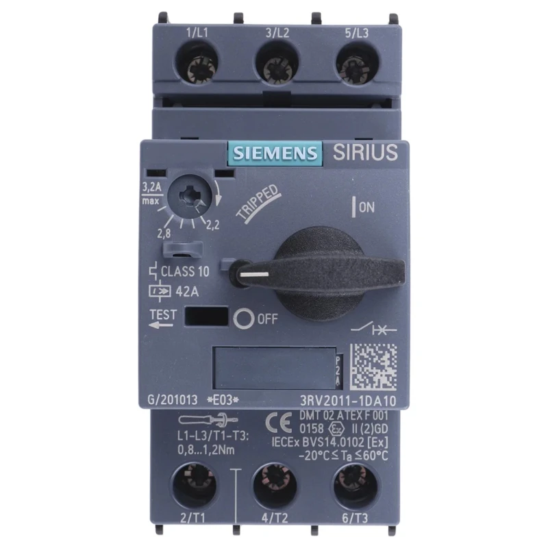 Siemens 3RV2 Series 3 Pole Motor Protection Circuit Breaker, 2.2 & 3.2 A Current Rating, 690V, IP20, -20°C to 3RV2011-1DA10