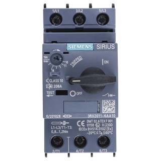 Siemens 10A, 16A 3RV2 Motor Protection Circuit Breaker Magnetic Sensing 3 Poles 20V, 690V 3RV2011-4AA10