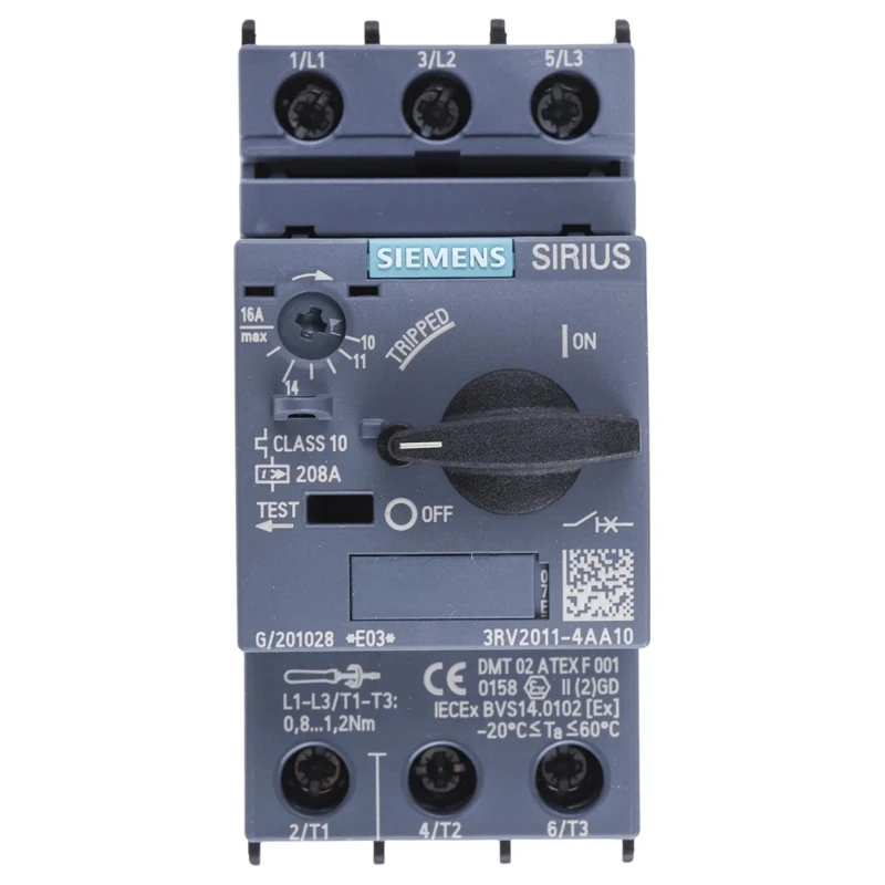 Siemens 10A, 16A 3RV2 Motor Protection Circuit Breaker Magnetic Sensing 3 Poles 20V, 690V 3RV2011-4AA10