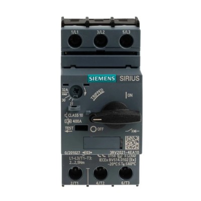 Siemens 3RV2 Motor Protection Circuit Breaker 27A-32A, 690V, 3 Poles, Magnetic Sensing, IP20, -20°C to 60°C 3RV2021-4EA10