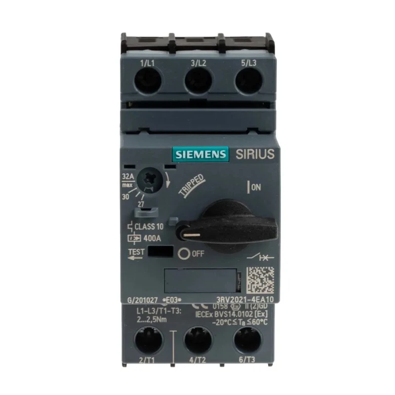 Siemens 3RV2 Motor Protection Circuit Breaker 27A-32A, 690V, 3 Poles, Magnetic Sensing, IP20, -20°C to 60°C 3RV2021-4EA10