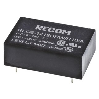 Recom DC/DC Converter, 12V DC Output, 250mA, 9V to 18V DC Input, 6W Power, Through Hole Mount, DIP-24 Package, 75°C Max REC6