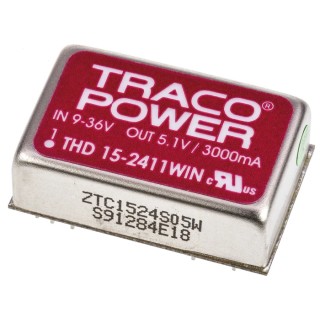 TRACOPOWER DC/DC Converter, 5.1V DC Output, 3A Current, 9-36V DC Input, 15W Power, Through Hole Mounting THD 15-2411WIN