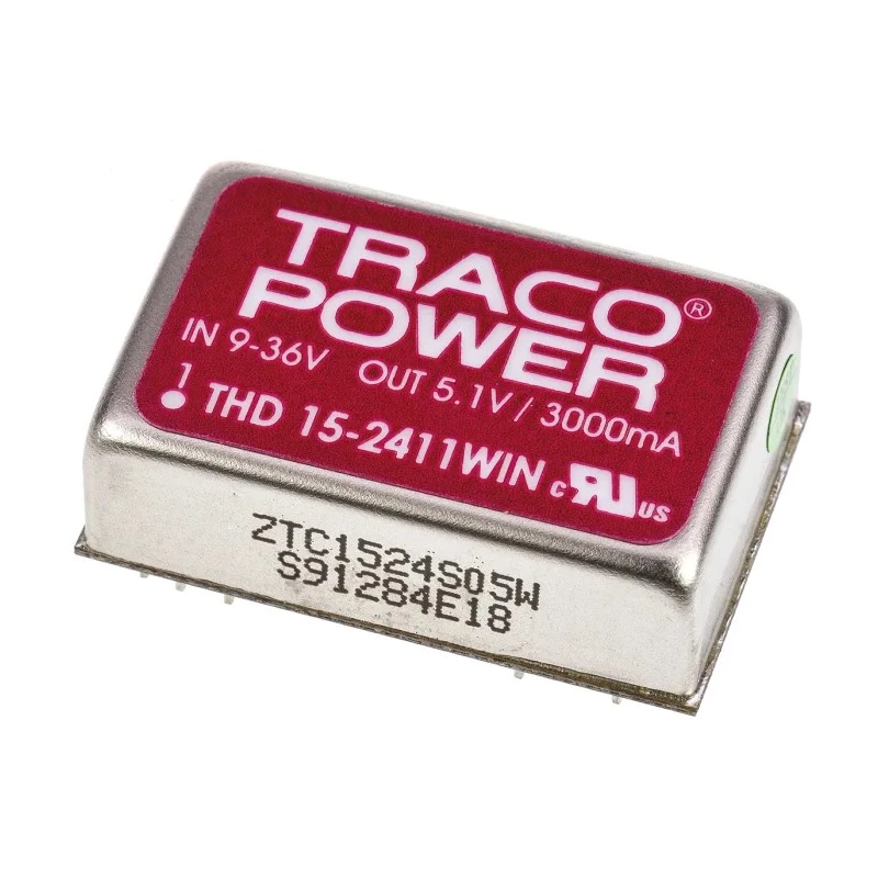TRACOPOWER DC/DC Converter, 5.1V DC Output, 3A Current, 9-36V DC Input, 15W Power, Through Hole Mounting THD 15-2411WIN