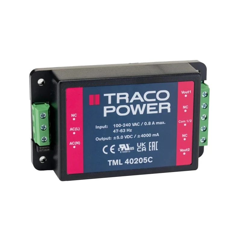 TRACOPOWER Switching Power Supply 2 Output 5V DC 40W Chassis Mount TML 40205C