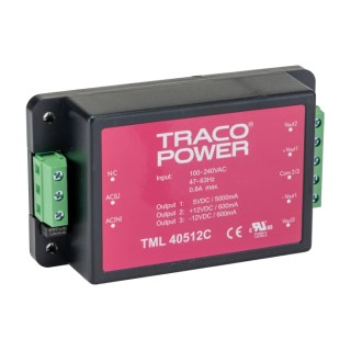 TRACOPOWER Switching Power Supply Chassis Mount 3 Outputs 12V DC 40W 264V AC TML 40512C