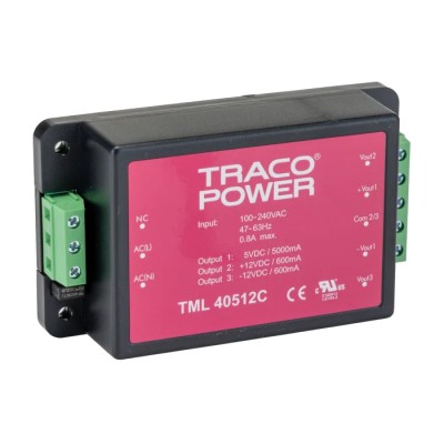 TRACOPOWER Switching Power Supply Chassis Mount 3 Outputs 12V DC 40W 264V AC TML 40512C