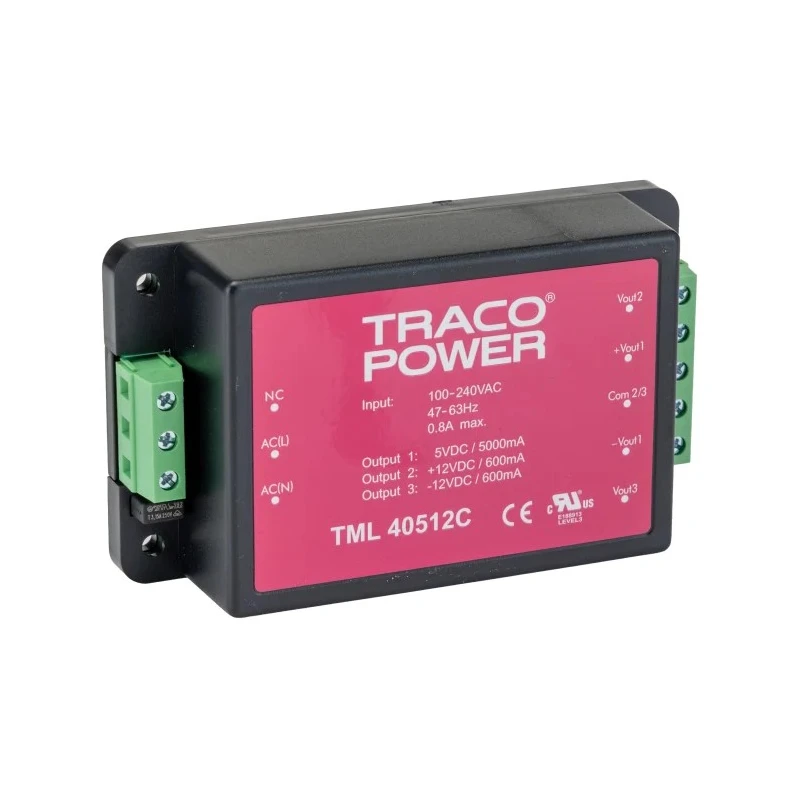 TRACOPOWER Switching Power Supply Chassis Mount 3 Outputs 12V DC 40W 264V AC TML 40512C