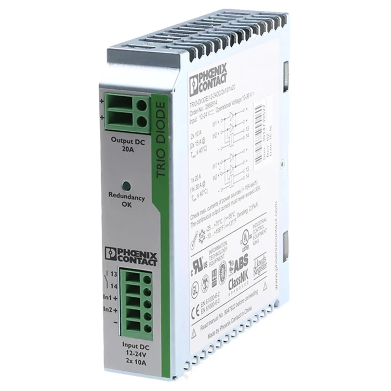 Phoenix Contact Redundancy Module, Diode Accessory, 12-24 V DC, 20 A Output, TRIO-DIODE/12-24DC/2X10/1X20 Series 2866514