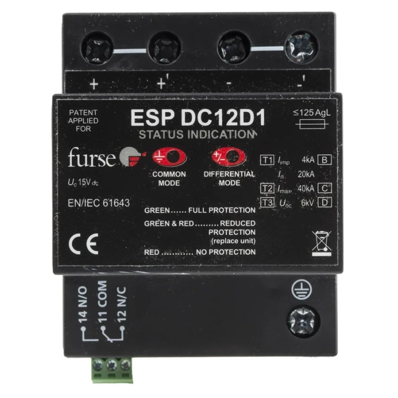 WJ Furse Surge Protection Device 15V DC Maximum Voltage Rating 100 kA Maximum Surge Current DIN Rail Mounting ESP-DCD1 DCD1