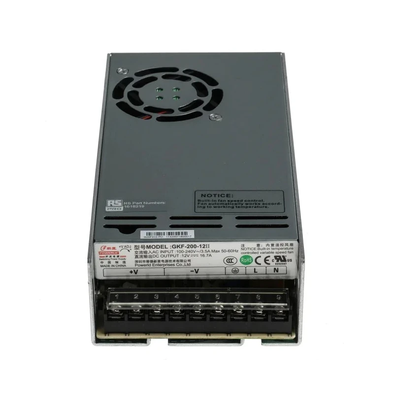 RS PRO Switching Power Supply 12V DC 200W PCB Mount Enclosed SMPS 16.7A Input 85-264V AC 120-370V DC 199x99x50mm 161-8219