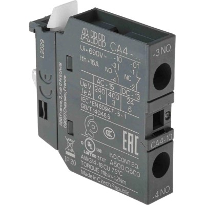 ABB Auxiliary Contact, 1 Contact, 1 NO, CA4 Series, Front Mount, 6 A, 600 V dc, 690 V ac CA4-10