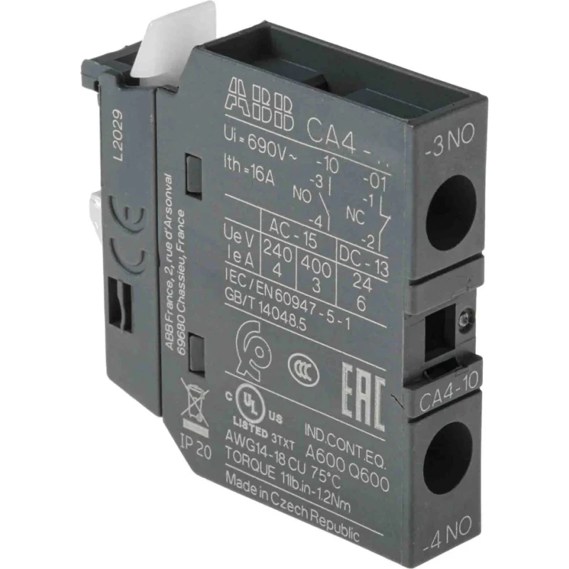ABB Auxiliary Contact, 1 Contact, 1 NO, CA4 Series, Front Mount, 6 A, 600 V dc, 690 V ac CA4-10