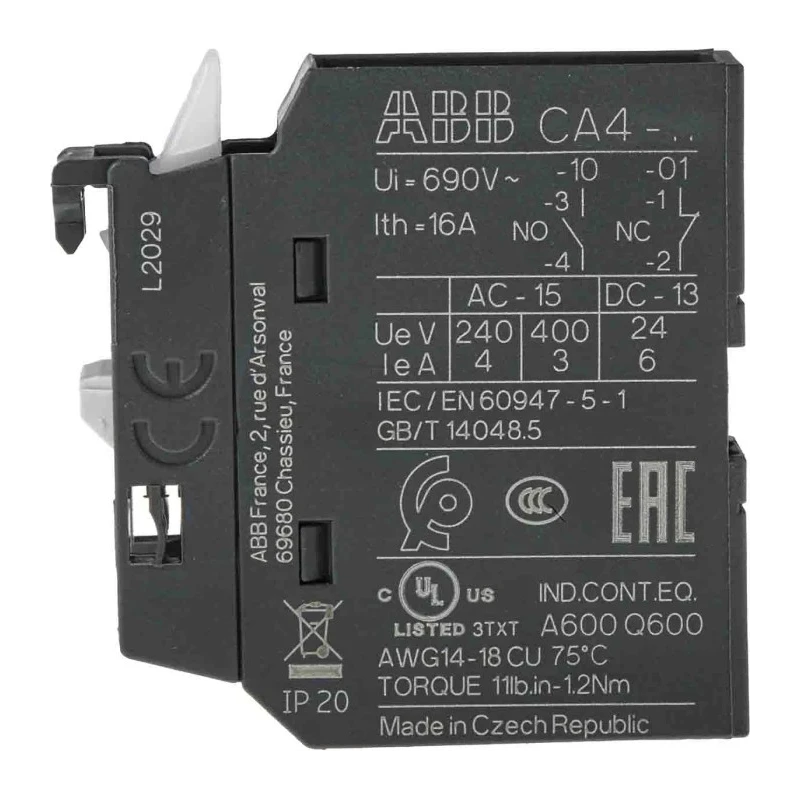 ABB Auxiliary Contact, 1 Contact, 1 NO, CA4 Series, Front Mount, 6 A, 600 V dc, 690 V ac CA4-10