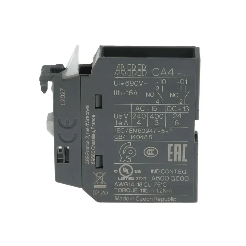 ABB Auxiliary Contact 1 Contact 1 NC Front Mount Screw Terminals CA4 Series 6A 600 V DC 690 V AC CA4-01