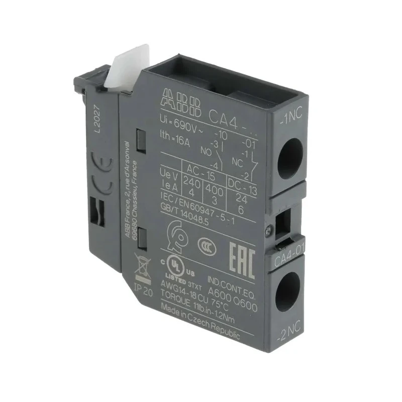 ABB Auxiliary Contact 1 Contact 1 NC Front Mount Screw Terminals CA4 Series 6A 600 V DC 690 V AC CA4-01