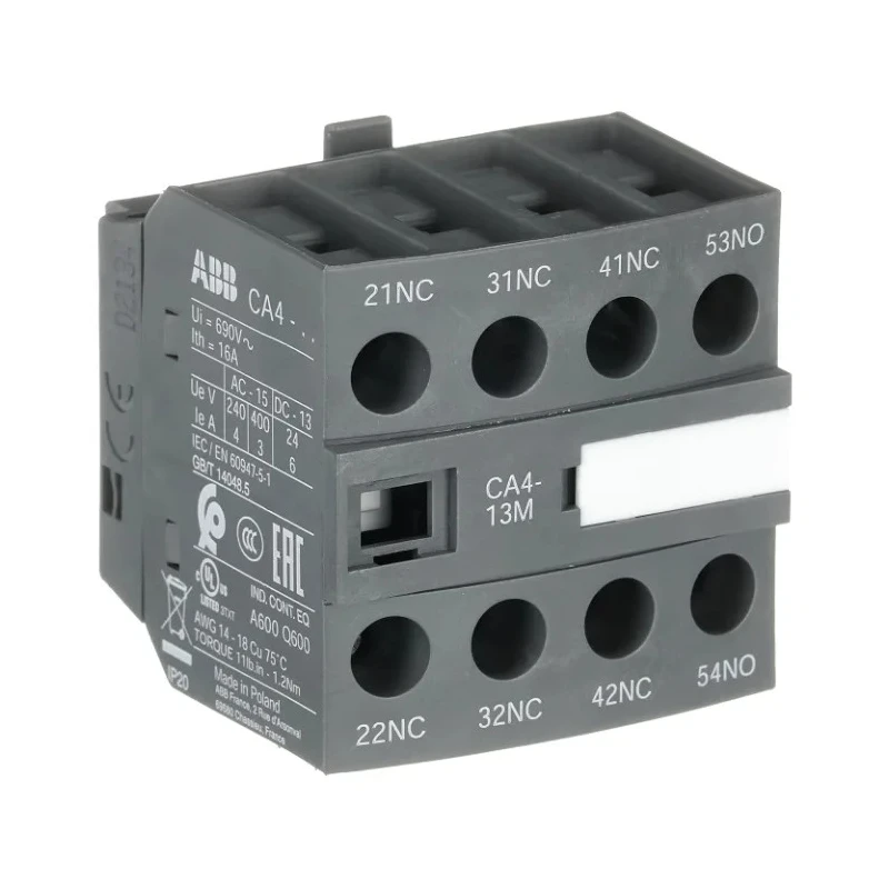 ABB Auxiliary Contact 4 Contact 1 NO/3 NC Front Mount 6 A 600 V dc 690 V ac CA4-13M