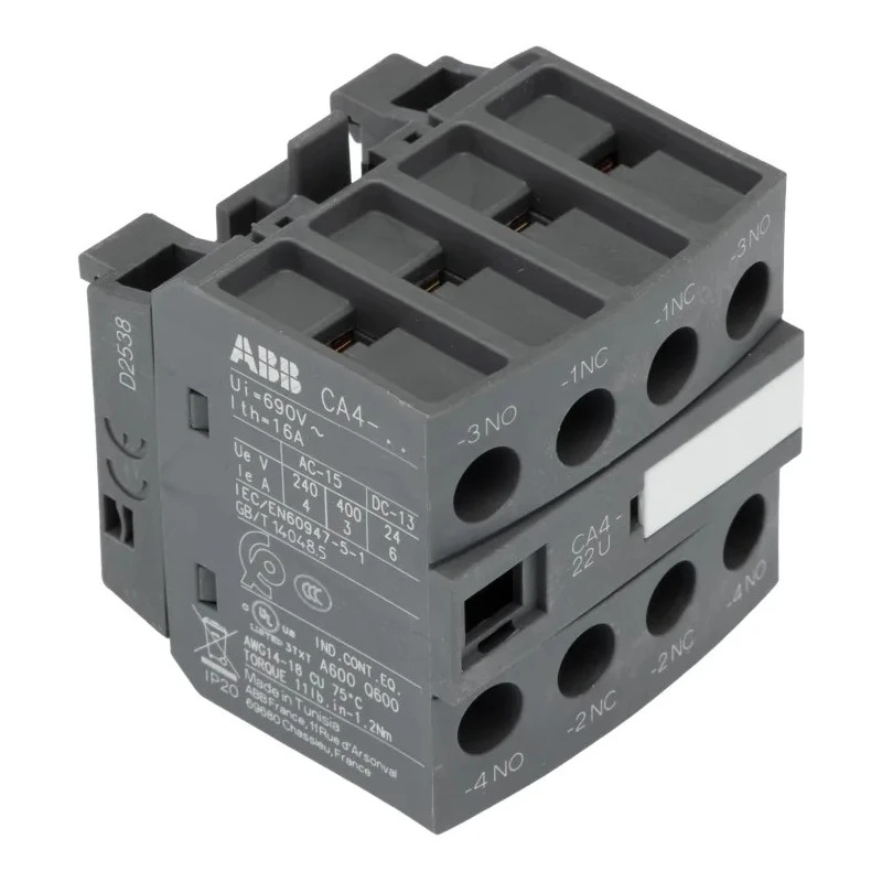 ABB Auxiliary Contact, 4 Contact, 2 NC/2 NO, Front Mount, Screw Terminal, 6 A Contact Current, 600 V DC, 690 V AC CA4-22U