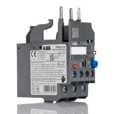 ABB Thermal Overload Relay Direct Mount, 1 NO/1 NC, 5.7 to 7.6 A Adjustable Current Range, 2W Power Rating, TF42 Model