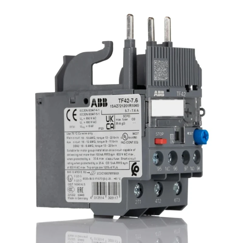 ABB Thermal Overload Relay Direct Mount, 1 NO/1 NC, 5.7 to 7.6 A Adjustable Current Range, 2W Power Rating, TF42 Model