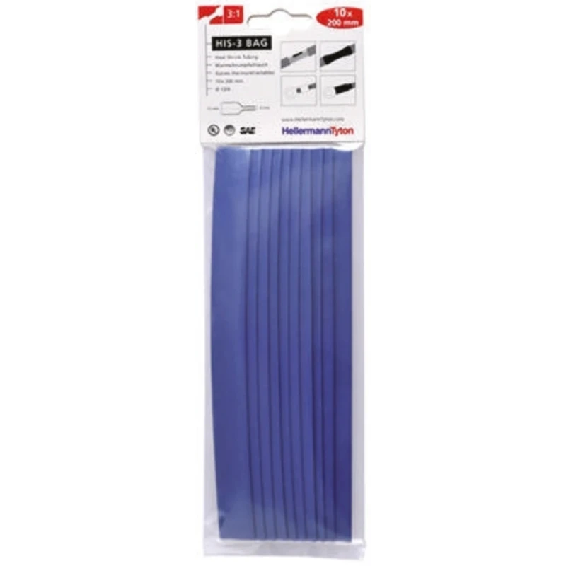 HellermannTyton Heat Shrink Tubing Blue 12 mm Sleeve Diameter x 200mm Length 3:1 Ratio 308-31212 HIS-3-BAG-12/4-PO-X-BU