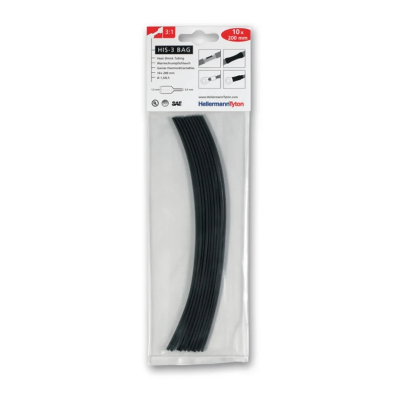 RS PRO Heat Shrink Tubing Black 1.5 mm Sleeve Diameter x 200 mm Length 3:1 Shrink Ratio 308-30151 HIS-3-BAG-1.5/0.5-PO-X-BK