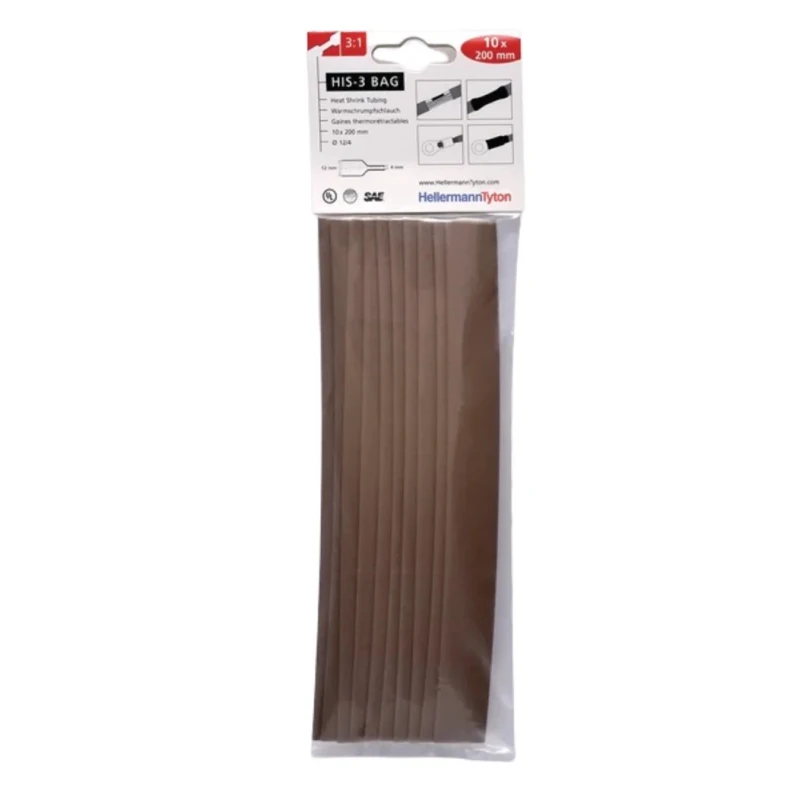 HellermannTyton Heat Shrink Tubing Brown 12.7 mm Sleeve Diameter x 200 mm Length 3:1 Ratio 308-31214 HIS-3-BAG-12/4-PO-X-BN