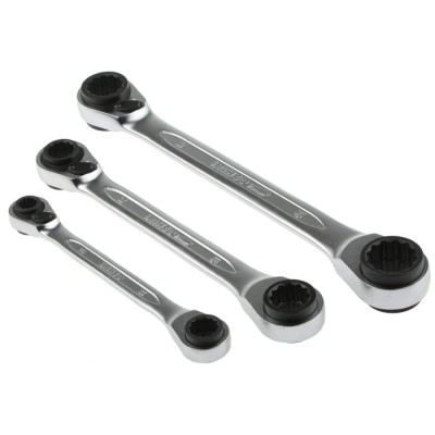 Bahco 3-Piece Ratchet Spanner Set, Sizes 8 x 9 To 18 x 19 mm, Chrome Vanadium Steel, Nickel Chrome Plated Finish S4RM/3T