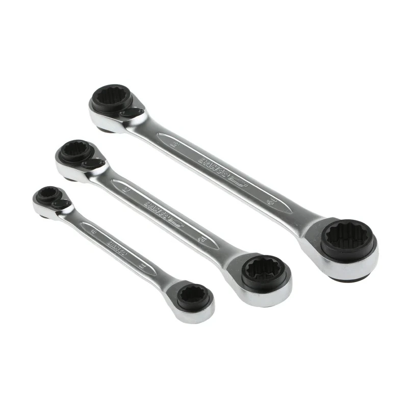 Bahco 3-Piece Ratchet Spanner Set, Sizes 8 x 9 To 18 x 19 mm, Chrome Vanadium Steel, Nickel Chrome Plated Finish S4RM/3T