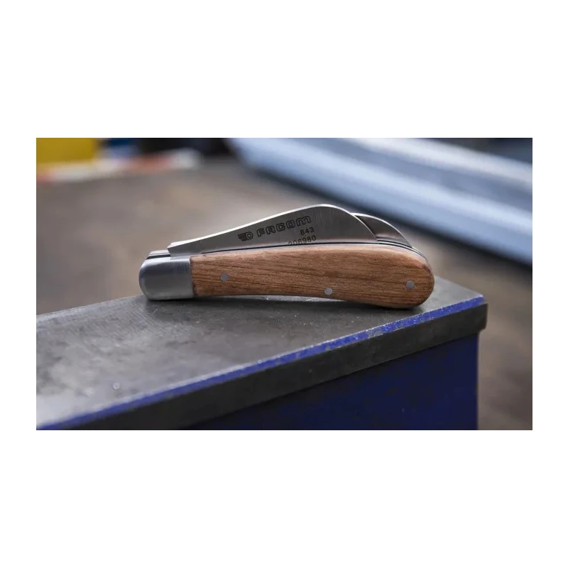Facom Twin-Blade Electrician Knife 180mm Overall Length, 100mm Closed Length, Stainless Steel Blades, Rosewood Handle 843