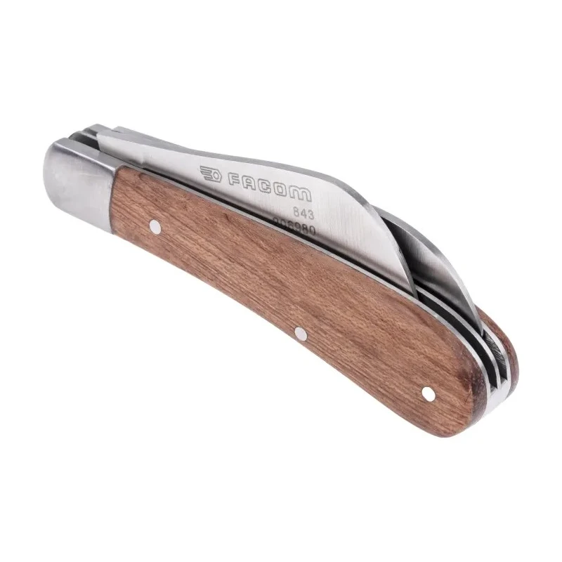 Facom Twin-Blade Electrician Knife 180mm Overall Length, 100mm Closed Length, Stainless Steel Blades, Rosewood Handle 843