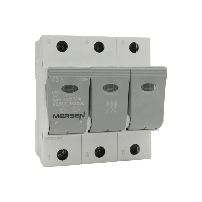 Mersen 63A Bottle Fuse Holder Panel Mount 3-Pole for D02, 36 x 15 mm Fuse, 400V AC B1012622 / 05863.063000