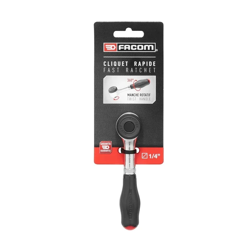 Facom 1/4 in Ratchet with Bi-Material Elastomer Handle, Satin Chrome Finish, Chrome Vanadium Steel, 106mm Overall R.360PB
